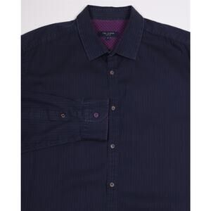 Ted Baker Men's Navy Blue Textured Striped Button-Up Dress Shirt 6/XL